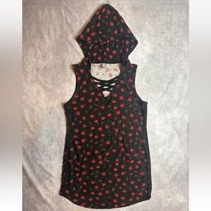 Black Hooded Dress with Red Floral Print